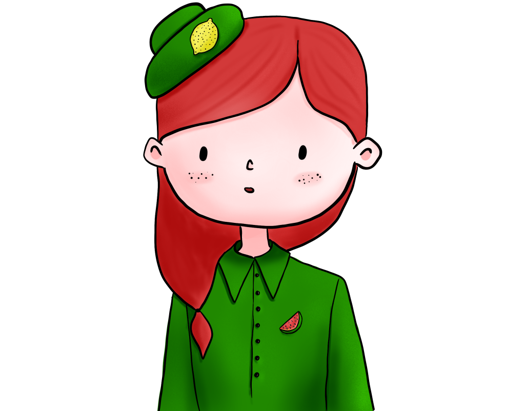 cute girl illustration with watermelon pin and a cute hat with lemon