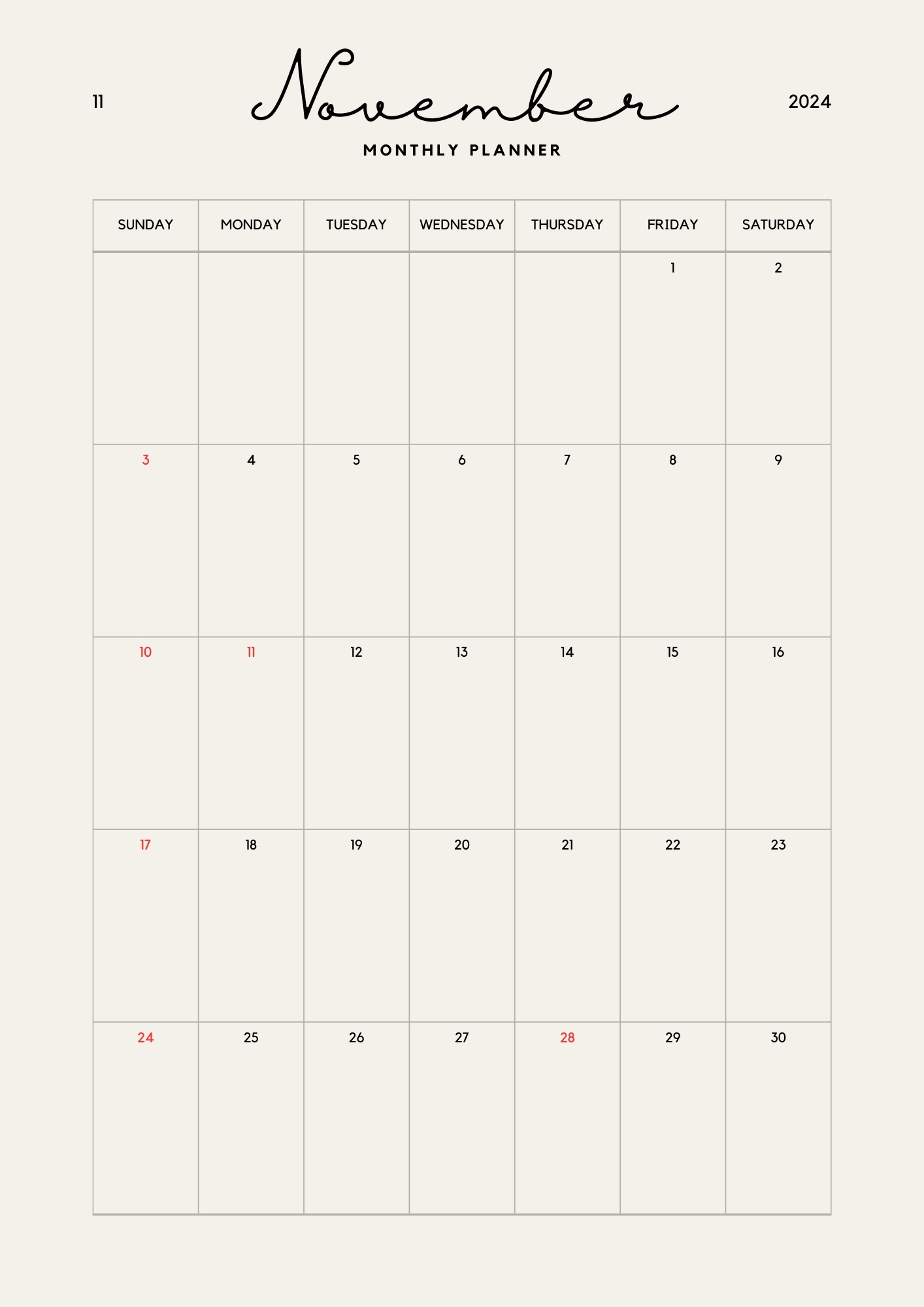 Beige Minimalist Calendar 2024 Monthly 