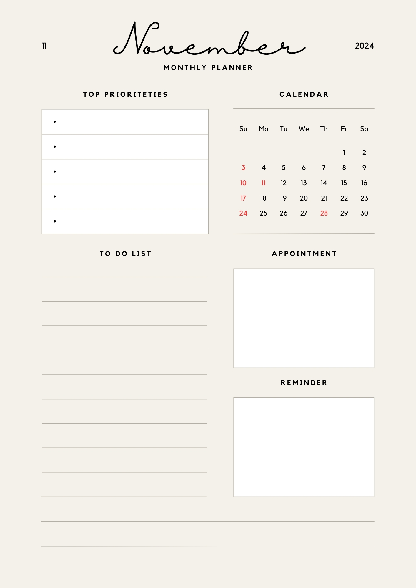 Beige Minimalist Calendar 2024 Monthly 