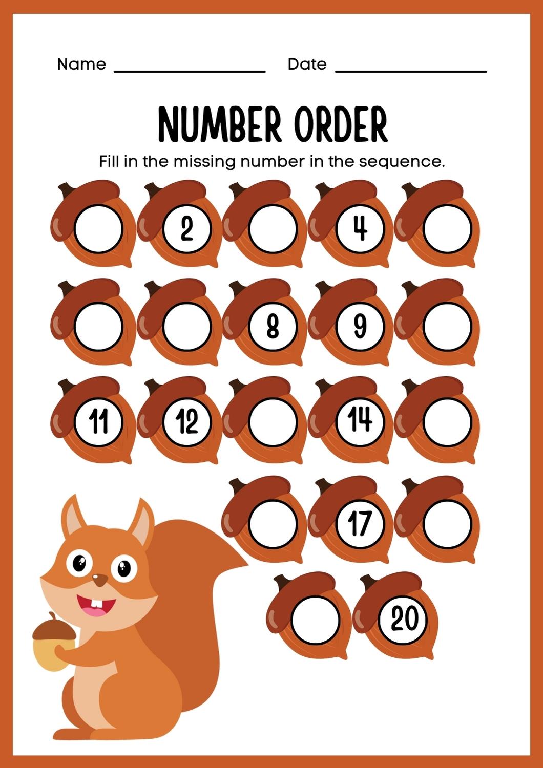 missing number worksheet 1-20