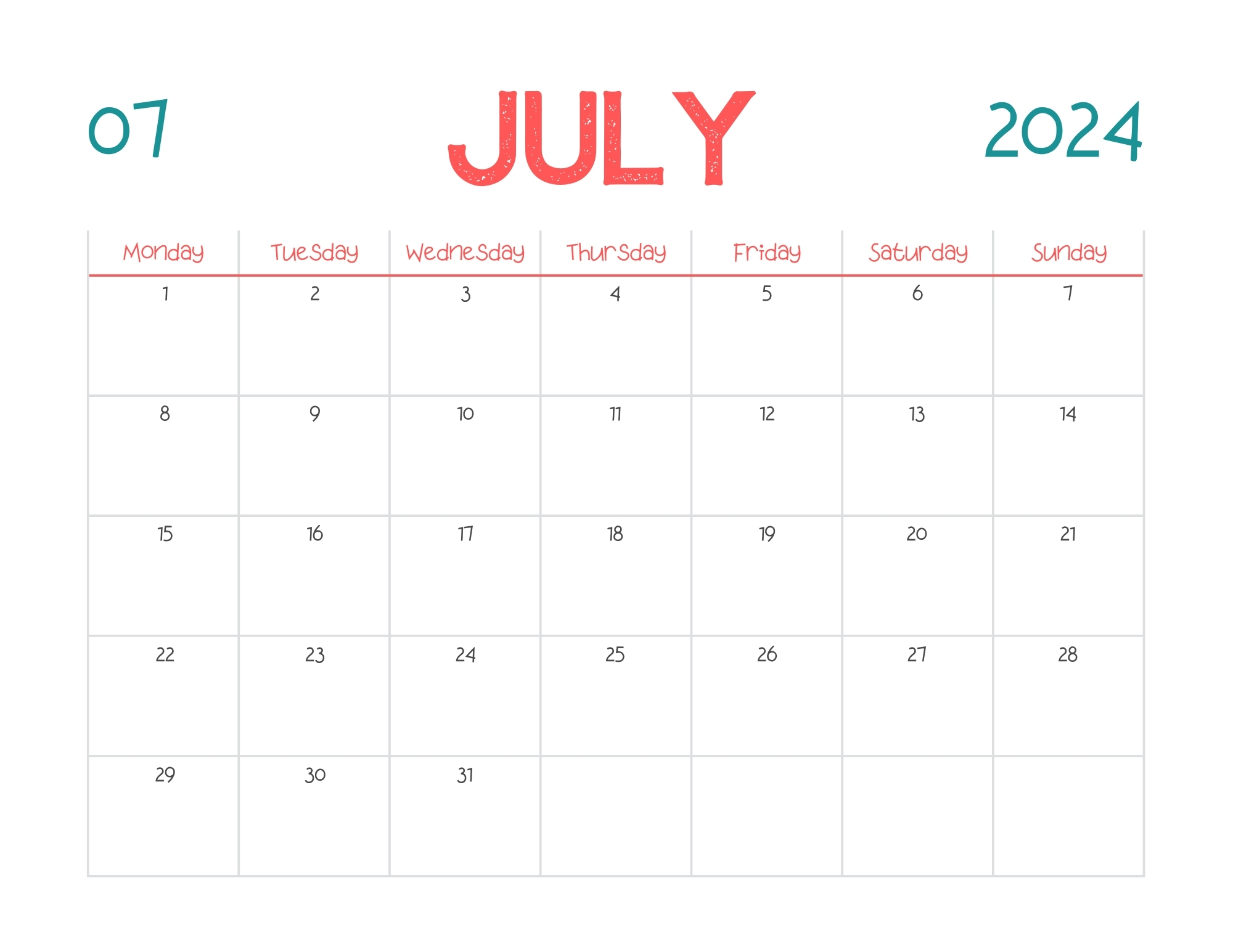 Free Printable July 2024 Calendar 