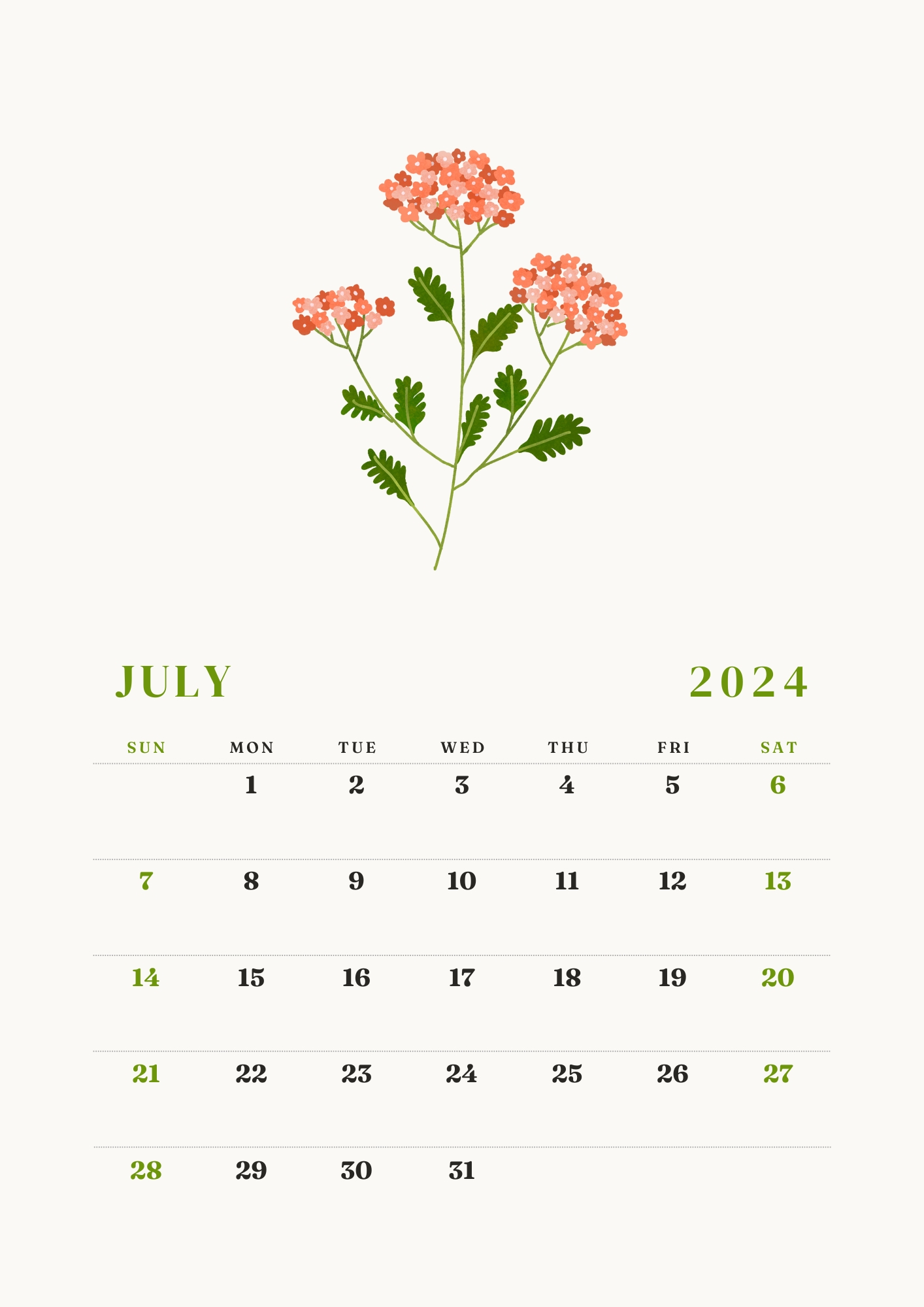 Floral Design July 2024 Calendar