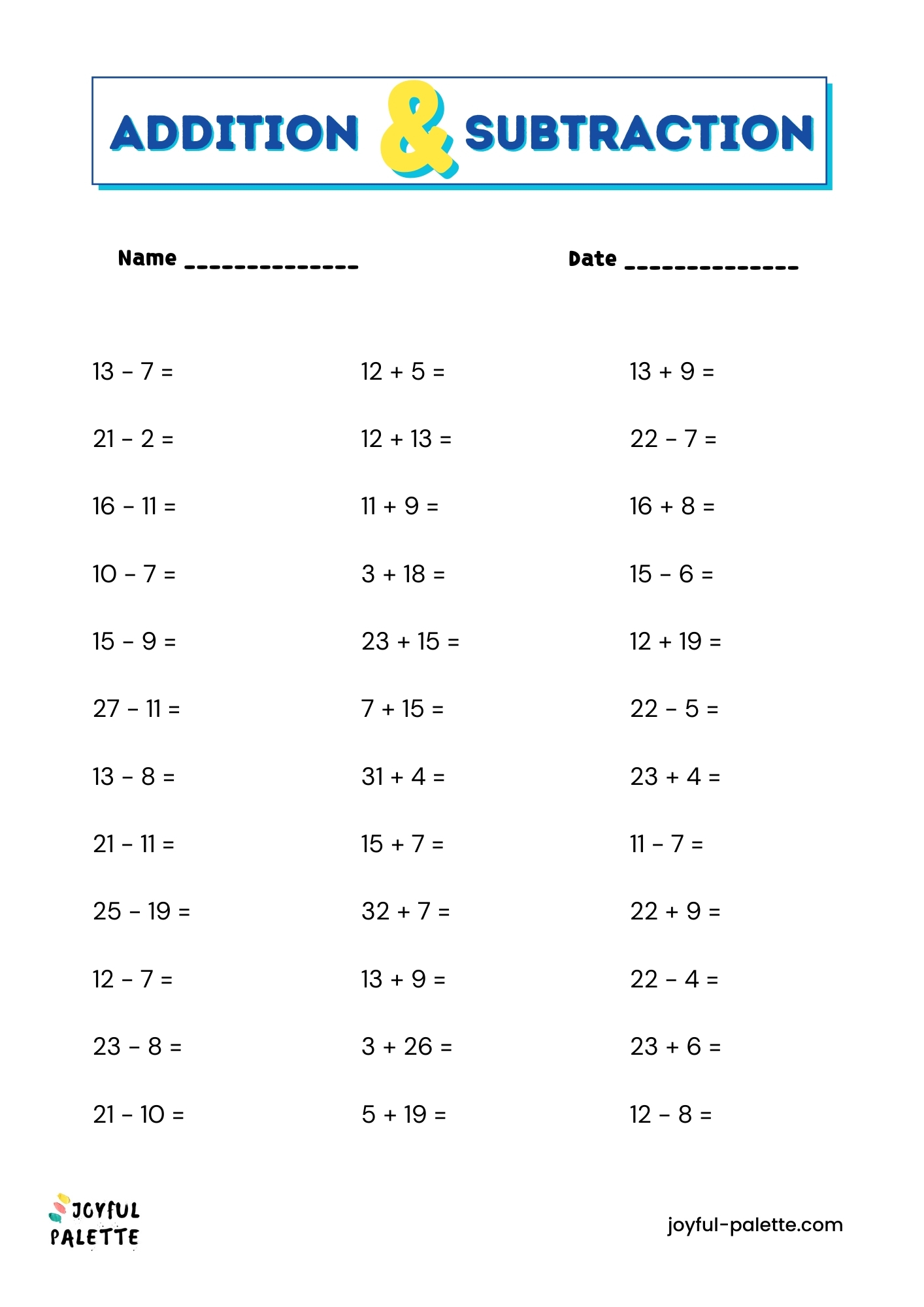 Addition and Subtraction Worksheets