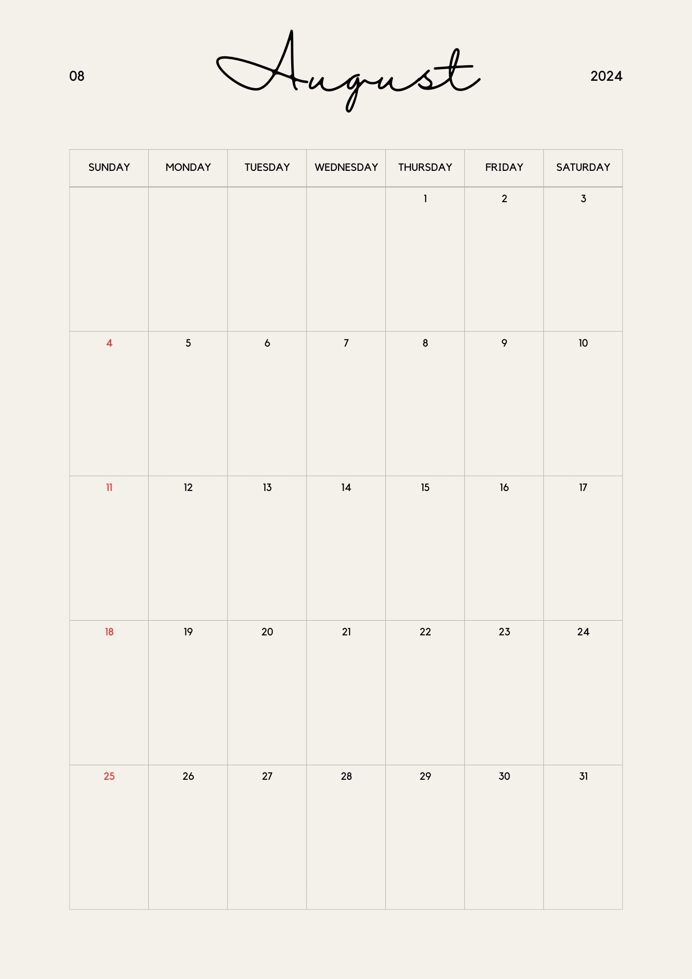 minimal August 2024 Calendar