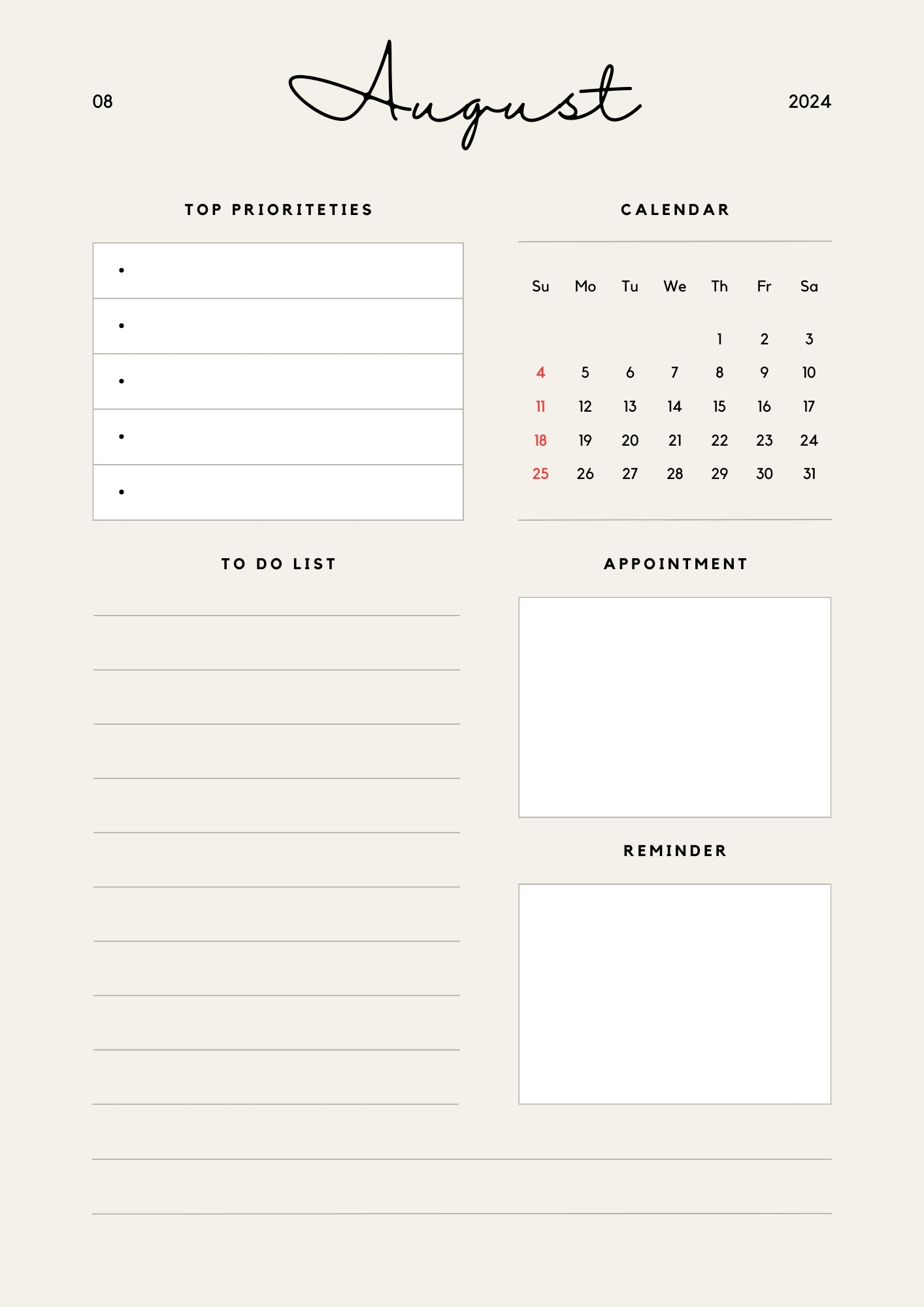 minimal August 2024 planner