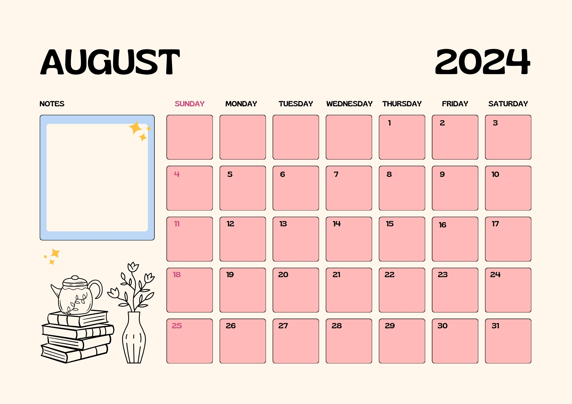 August 2024 Calendar for book lovers