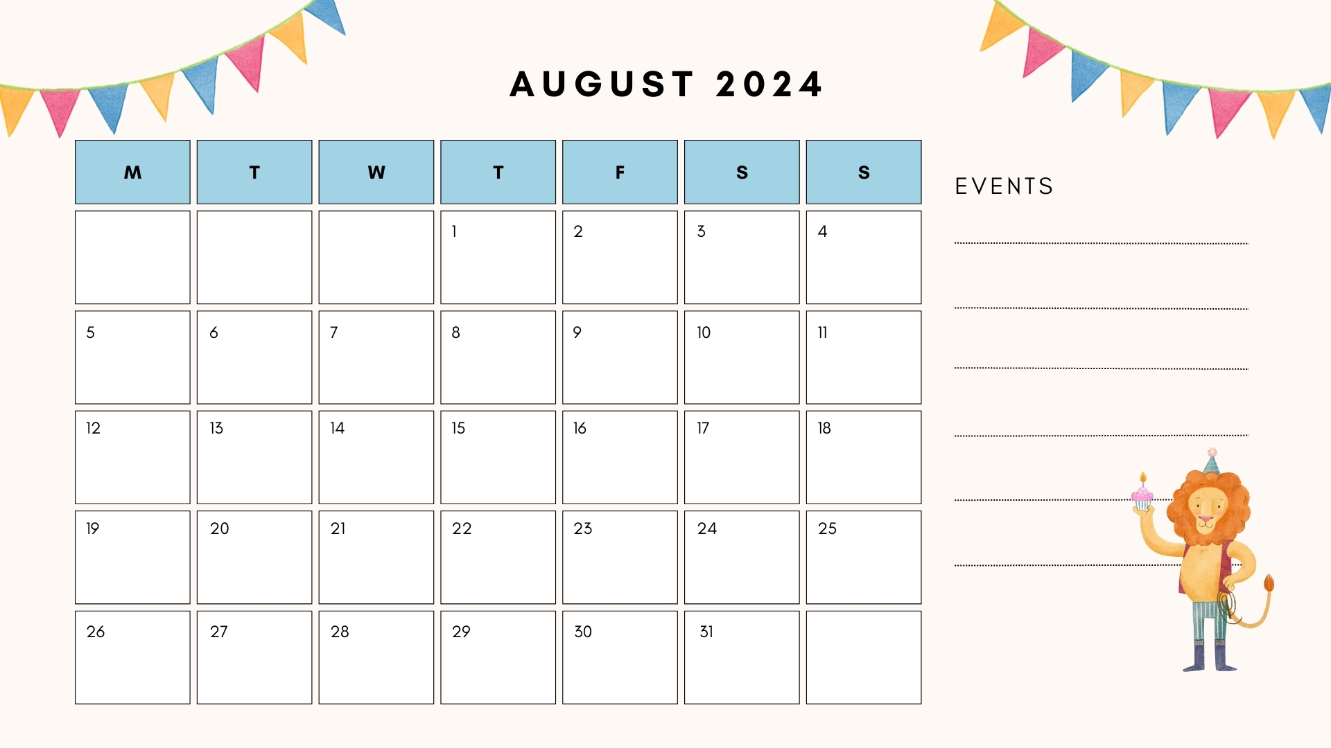 august 2024 calendar for kids