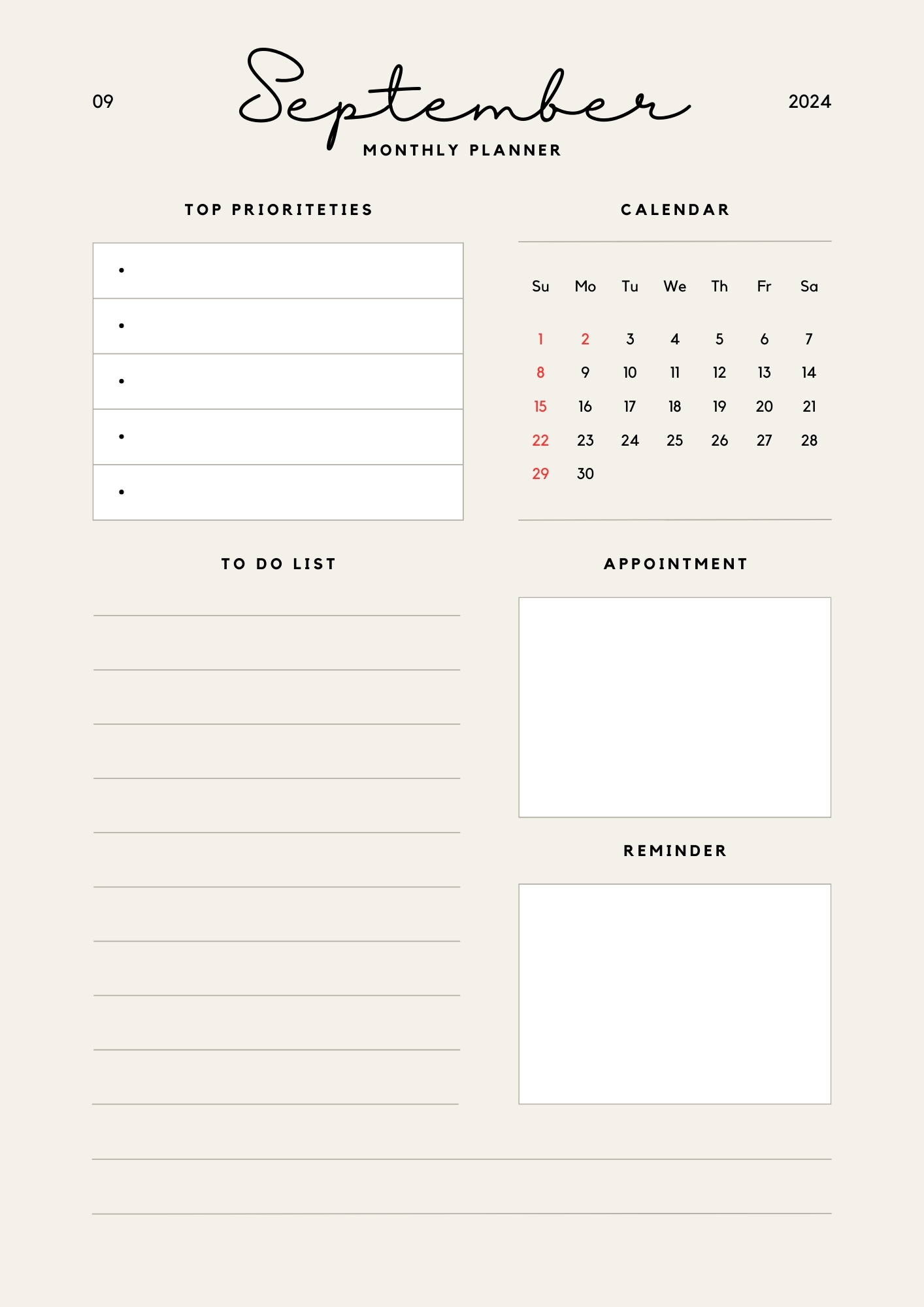 beige minimalist september 2024 calendar and planner