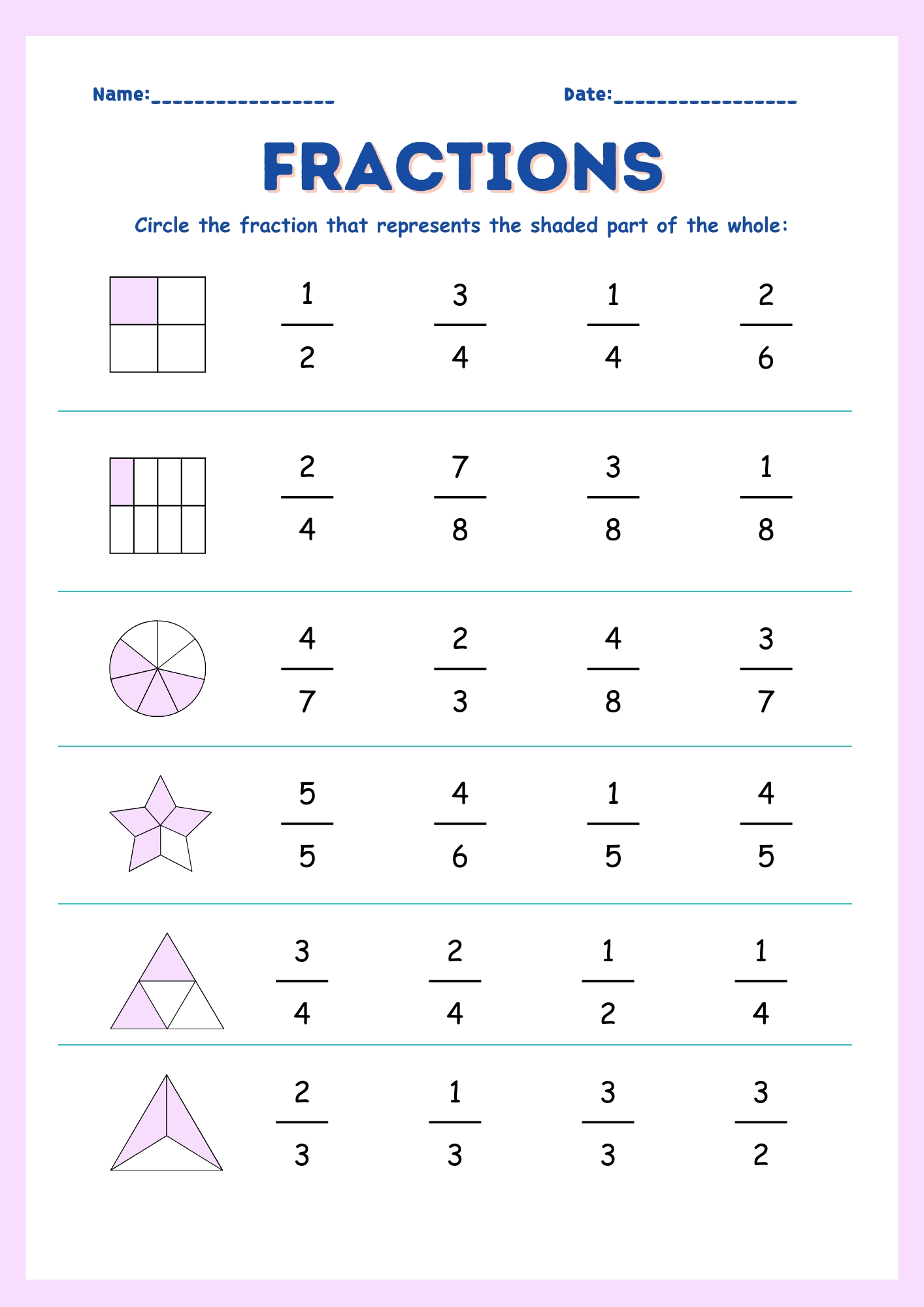 Free Fractions Worksheets PDF