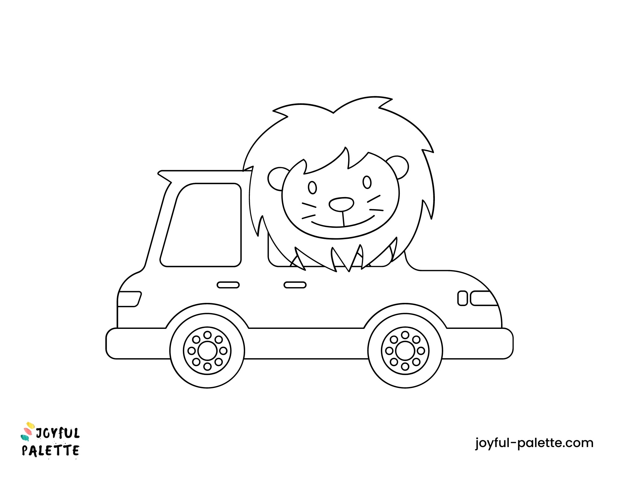 cute lion and car coloring page for kids