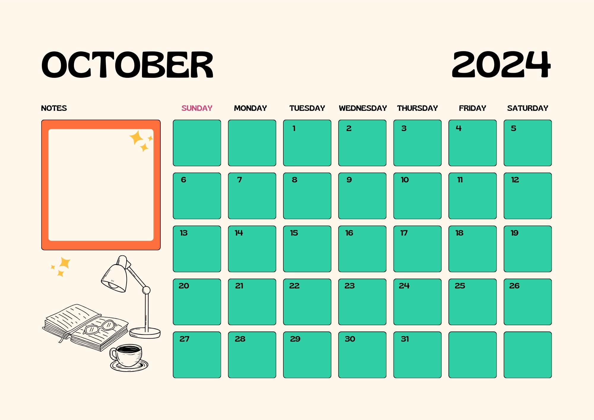 october 2024 Calendar for Booklovers