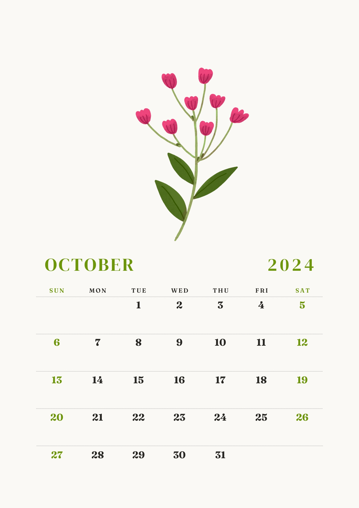 floral october 2024 calendar design