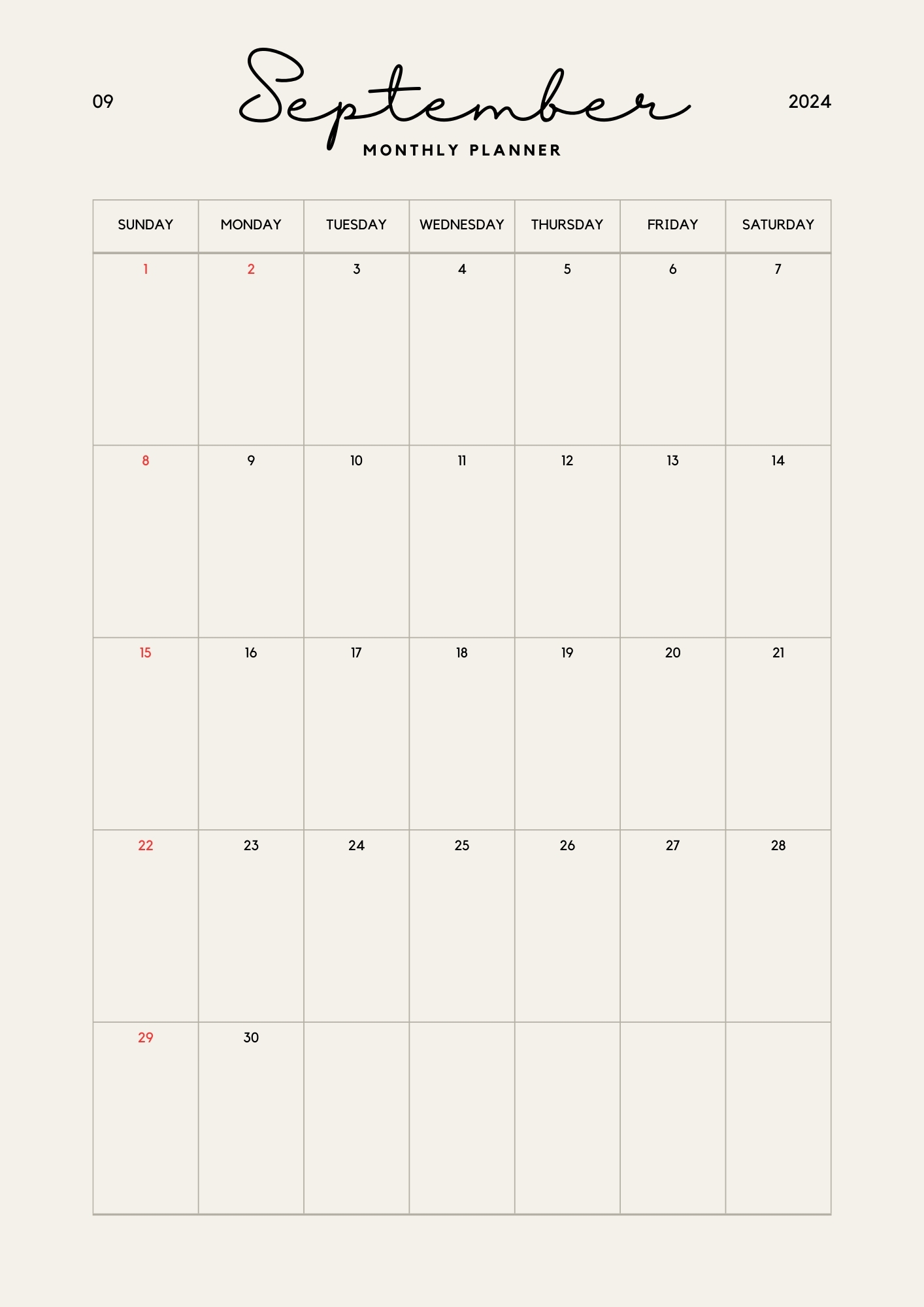 beige minimalist september 2024 calendar