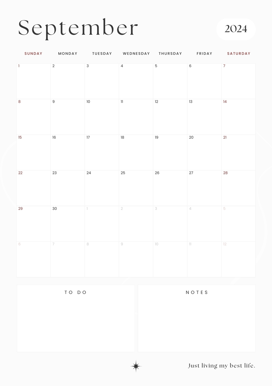 minimalist clean september 2024 calendar and planner