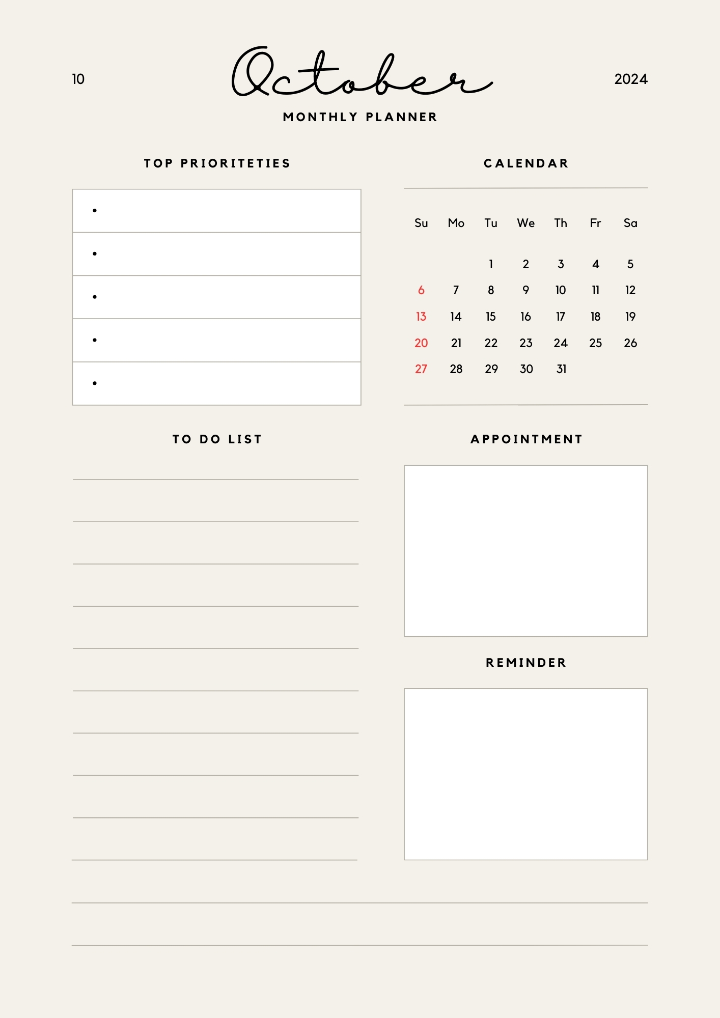 Beige Minimalist Calendar 2024 Monthly Planner