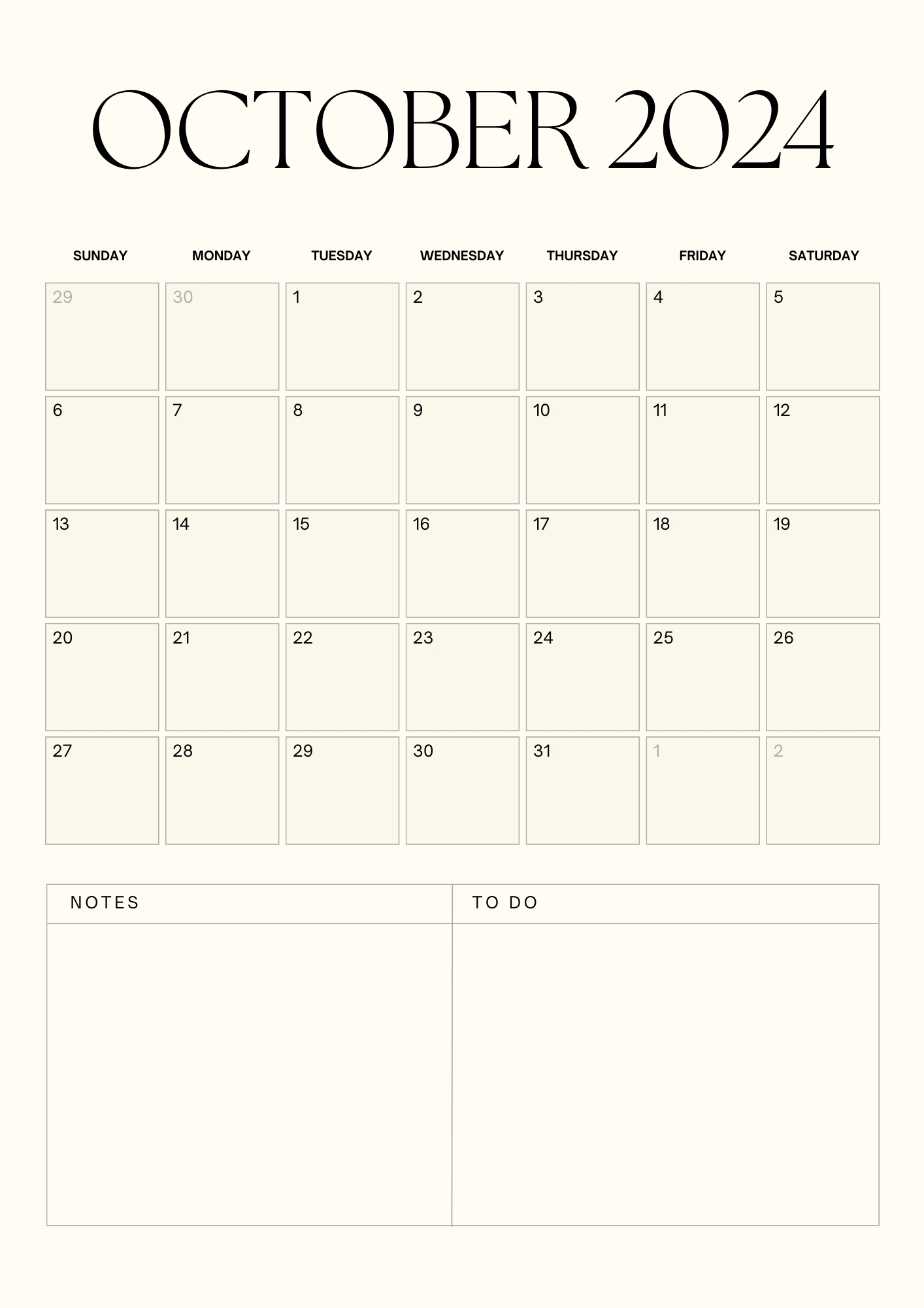 Simple and Minimal Monthly Printable Planner october 2024 Calendar