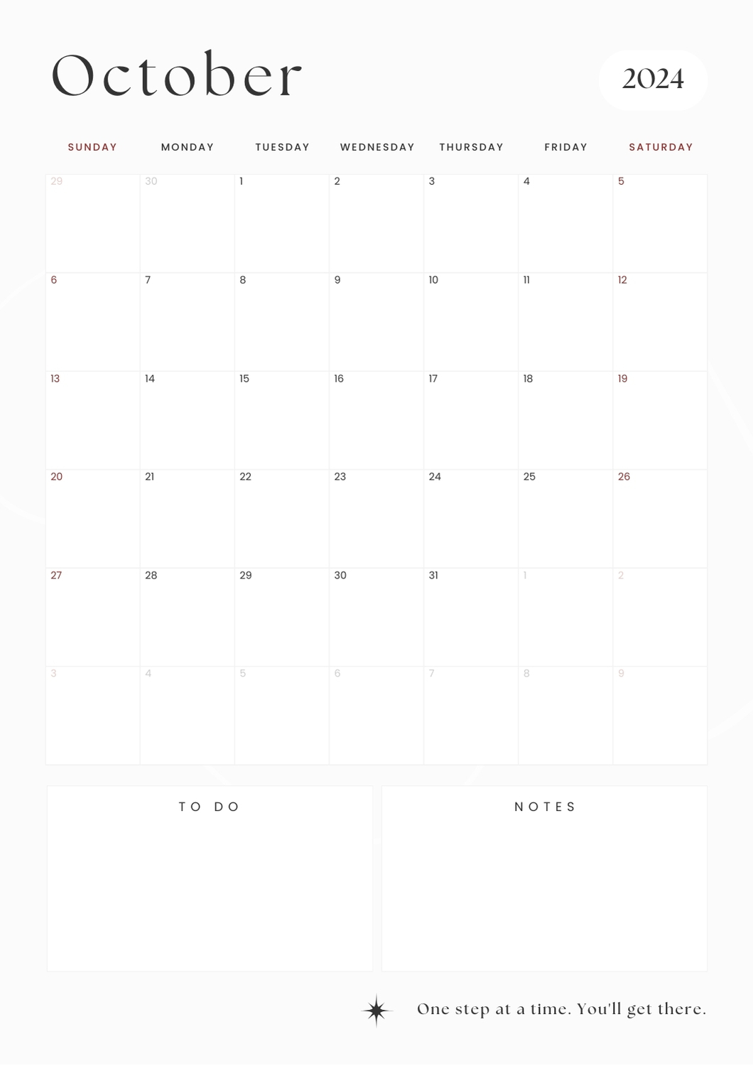 minimalist clean calendar october 2024