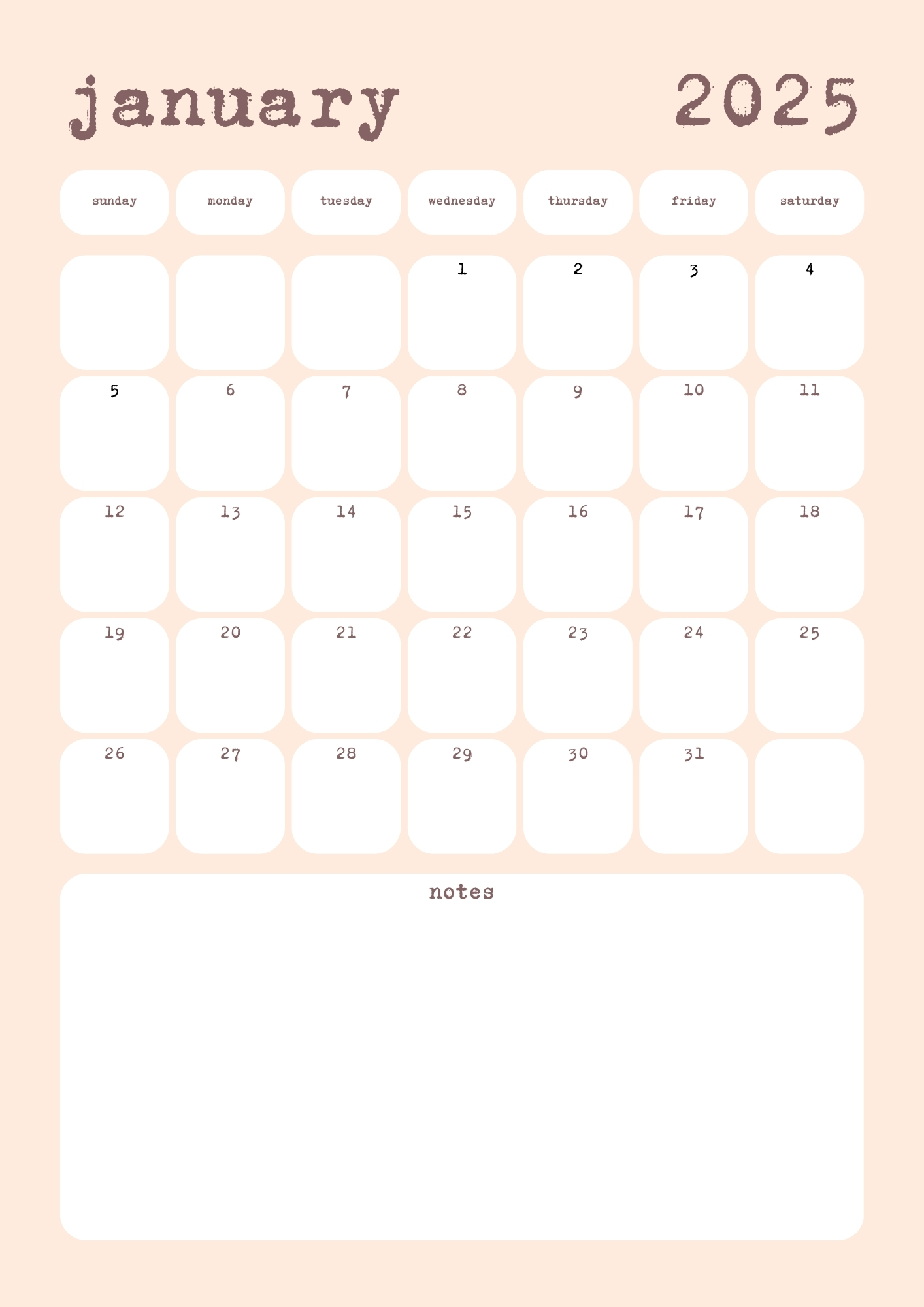 Beige Retro Minimalistic January Calendar 2025 Monthly Planner