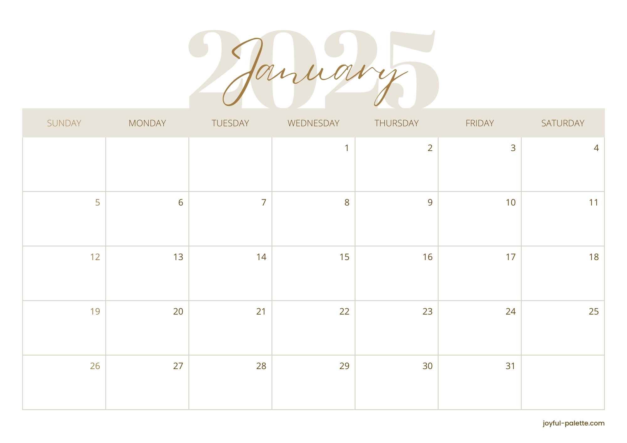 Creamy Beige Aesthetic 2025 January Calendar