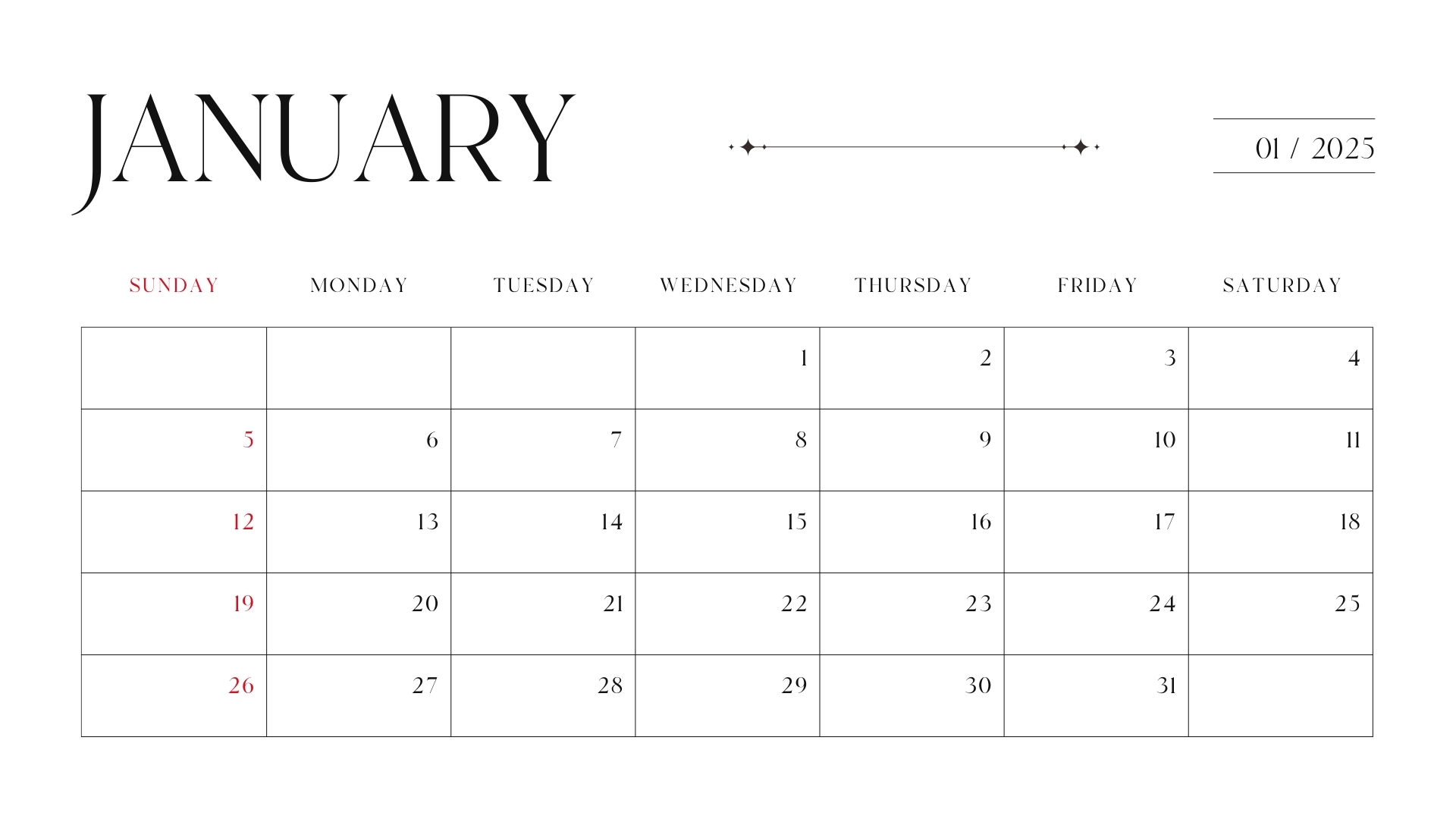 Black and White Minimalist January 2025 Calendar pdf