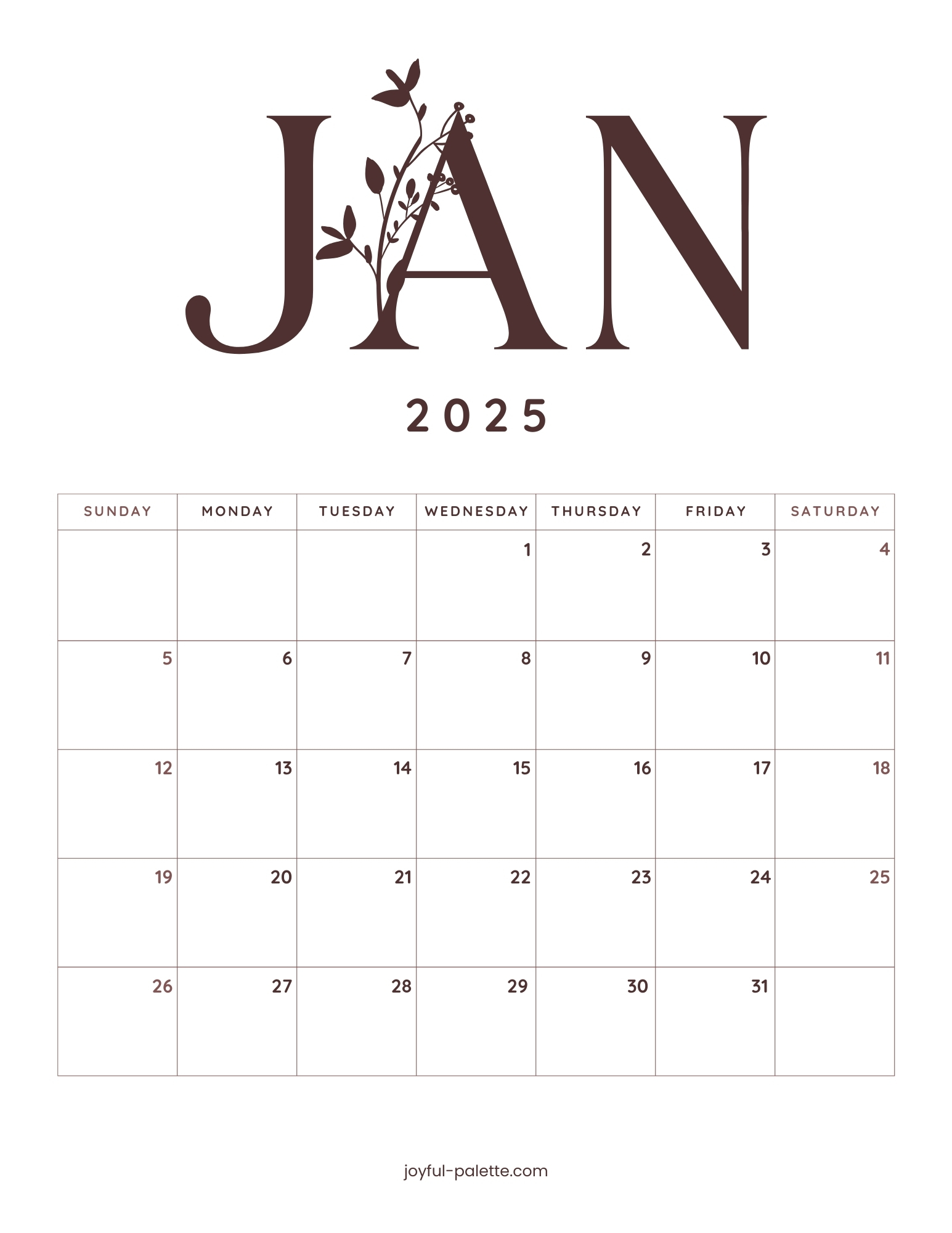 Brown and Beige Floral January Calendar 2025