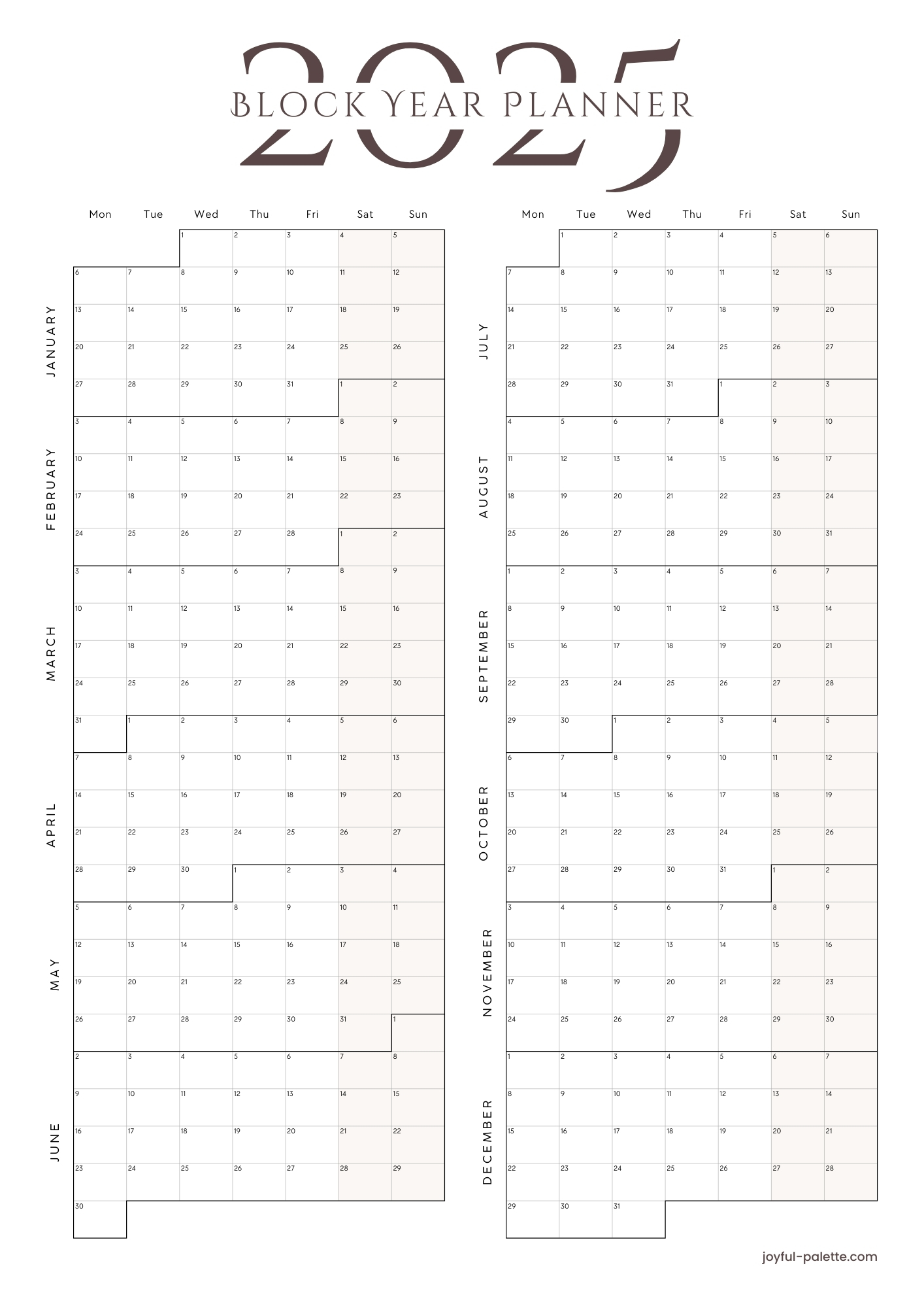 Free Simple Clean Classic Minimalist 2025 Block Year Planner Goals Calendar A4 Document pdf