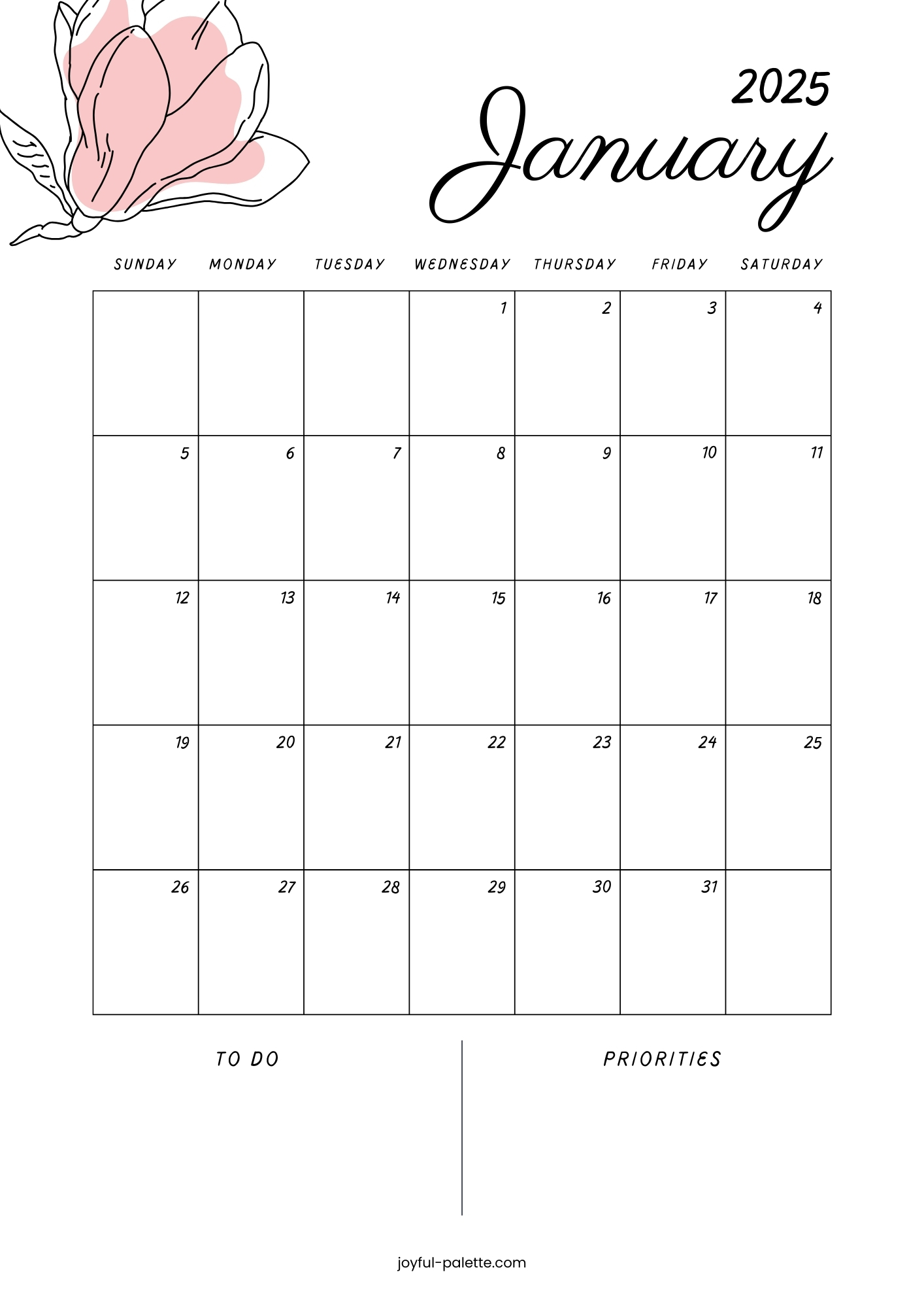 White Black Pink Watercolor Floral January 2025 Calendar Schedule Planner january 2025 pdf